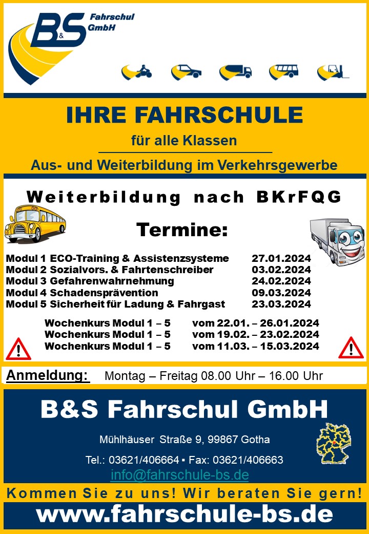 Weiterbildung für Berufskraftfahrer Modul 1-5 (Wochenkurs) in Gotha